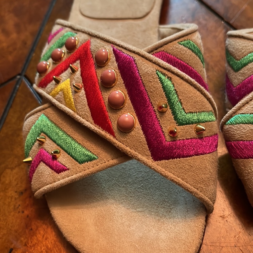 Stuart Weitzman Multi Colored Suede Slip On Sanda… - image 4